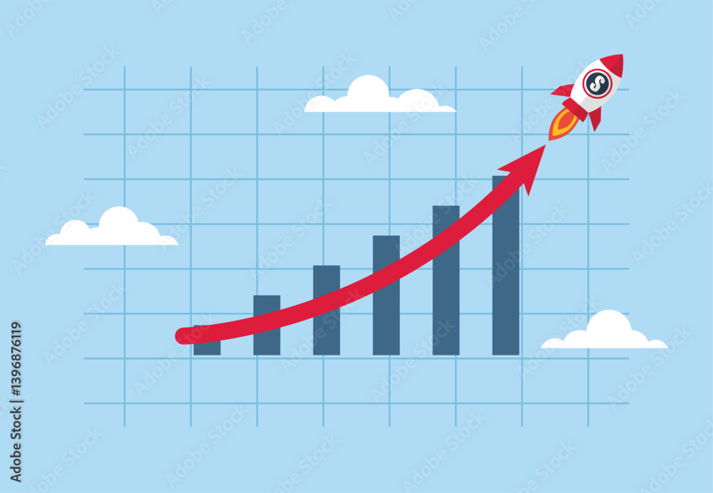 Fototapeta premium A rocket that is rising with exponential growth. Investment. Increased wealth or income. Business sales or profit maximization concept. Growing financial report graph with a rising arrow.