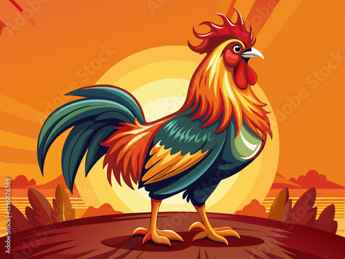 A high-quality vector of a crowing rooster at sunrise, placed on a solid orange background