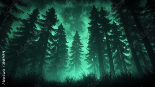 Dark, mystical forest scene. Lush, tall pines silhouettes against a glowing, ethereal, green sky