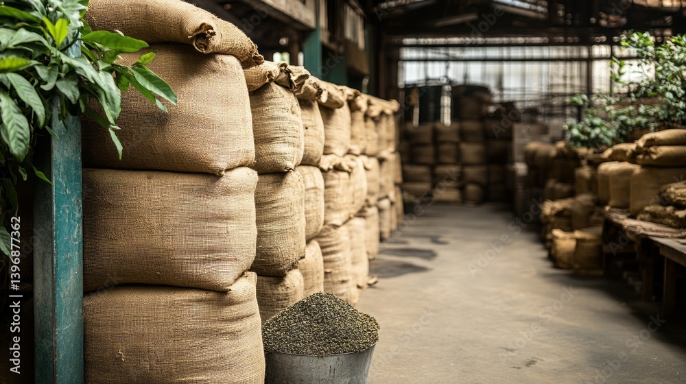 Inside the tea processing facility, burlap sacks neatly line the walls while fresh tea leaves await their transformation. The atmosphere is a blend of tradition and productivity Inside the tea processing facility, burlap sacks neatly line the walls while fresh tea leaves await their transformation. The atmosphere is a blend of tradition and productivity