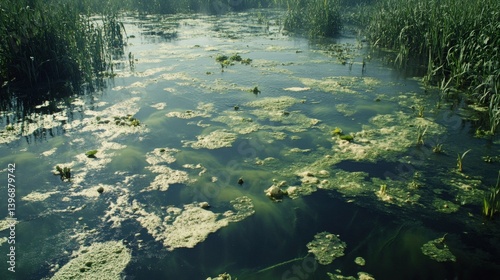 A stagnant river choked with green algae. photo