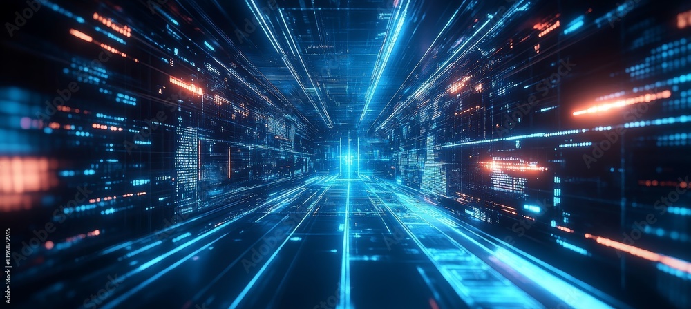 Virtual cyberspace portal tunnel. Virtual data wireless transfer. Time speed future warp travel. Generative AI technology.