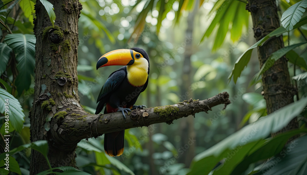 A toucan resting on a tropical rainforest tree A toucan resting on a tropical rainforest tree
