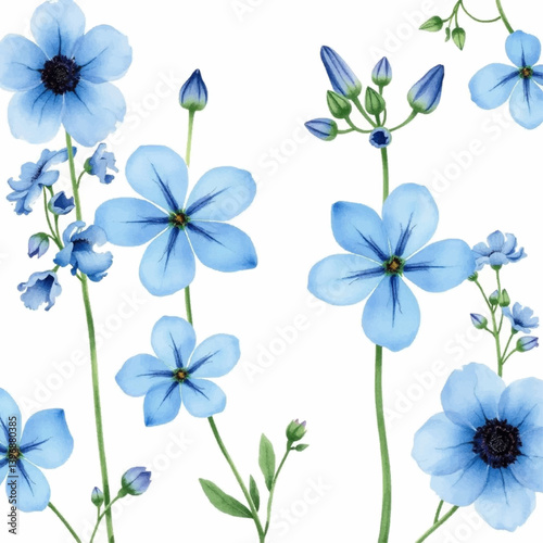 Blue flowers. Watercolor forget me not flowers botanical illustration isolated floral. Hand painted blossom flax flowers	
