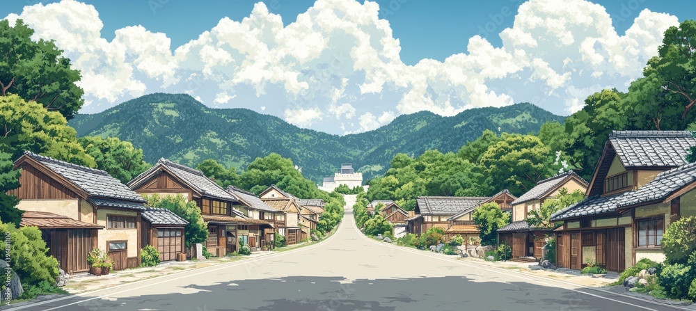 Old China Japan village at mountain valley. Traditional oriental Japanese painting style background. Generative AI technology.