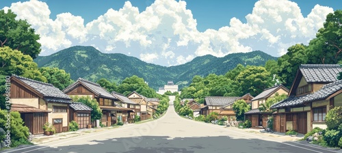 Obraz na płótnie Old China Japan village at mountain valley. Traditional oriental Japanese painting style background. Generative AI technology.
w salonie