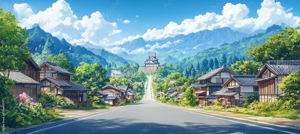 Old China Japan village at mountain valley. Traditional oriental Japanese painting style background. Generative AI technology.
