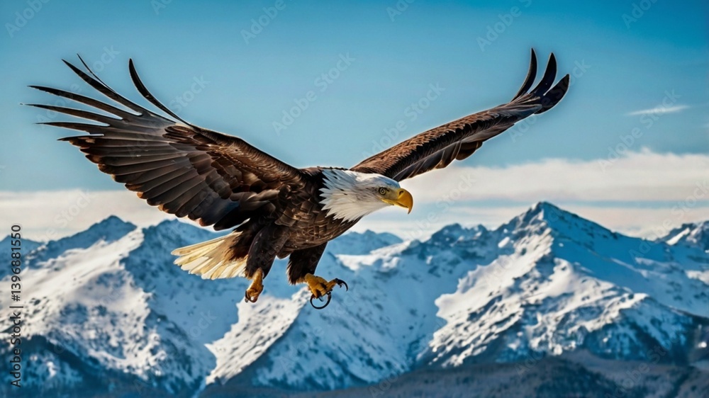 A majestic bald eagle soars through a clear blue sky, its wings outstretched as it flies low to the ground. This striking image, possibly a photograph, captures the raw power and grace of the magnific A majestic bald eagle soars through a clear blue sky, its wings outstretched as it flies low to the ground. This striking image, possibly a photograph, captures the raw power and grace of the magnific