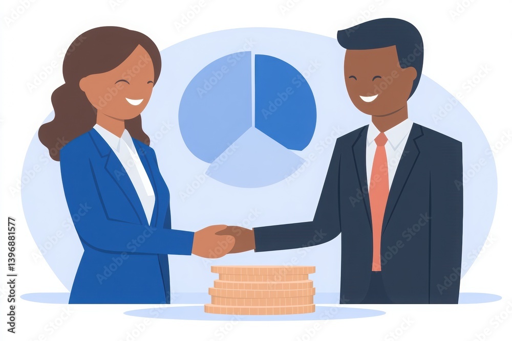 A digital illustration of two business professionals shaking hands over a stack of coins, symbolizing a successful partnership and financial agreement. A digital illustration of two business professionals shaking hands over a stack of coins, symbolizing a successful partnership and financial agreement.