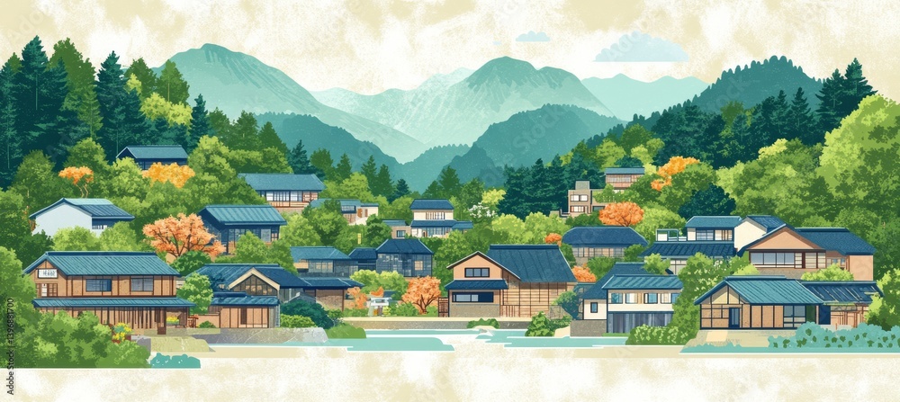 Japan mountain rural ancient village. Traditional oriental Japanese painting style background. Generative AI technology.