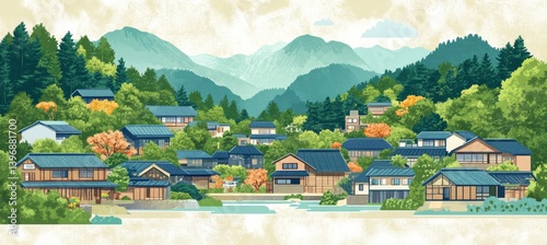 Obraz na płótnie Japan mountain rural ancient village. Traditional oriental Japanese painting style background. Generative AI technology.
w salonie