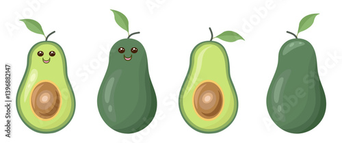 Set of avocado on white background