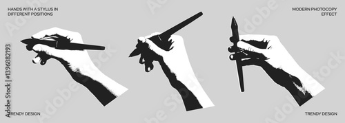 Collection of hands with a pen in different positions. Hands holding a pen in photocopy style. Grainy vector illustration. Trendy hand elements for collage