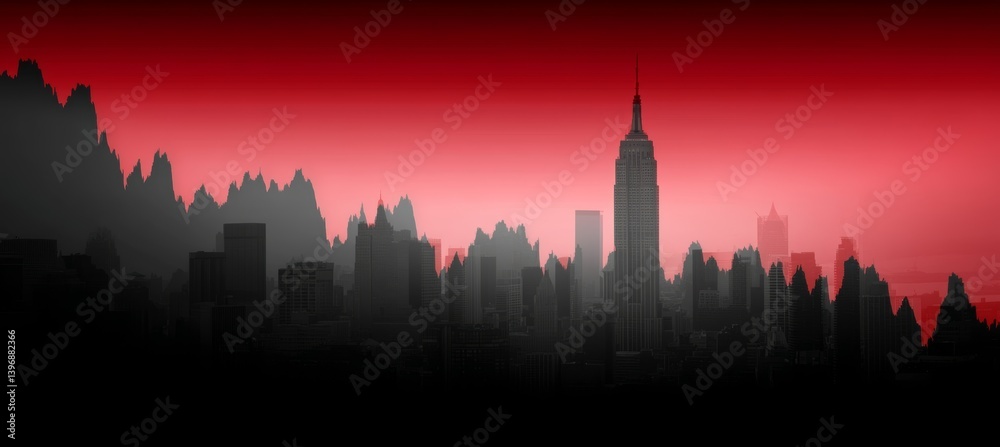 City building from high to low with red sky. Finance crisis depression market. Generative AI technology.