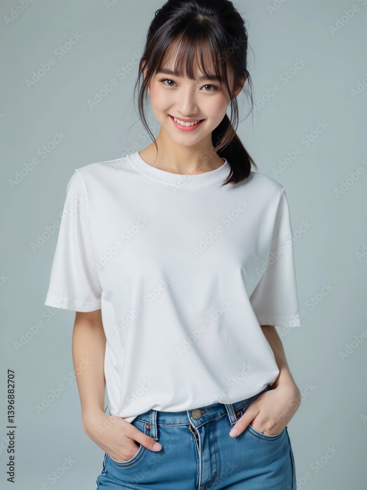 white tshirt front view mockup with woman studio photo white tshirt front view mockup with woman studio photo