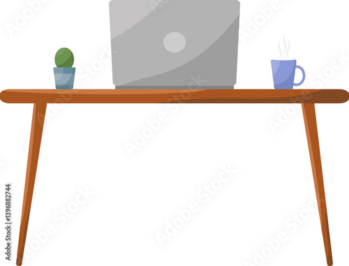 A laptop is on a wooden desk. A cup of coffee is on the desk next to the laptop