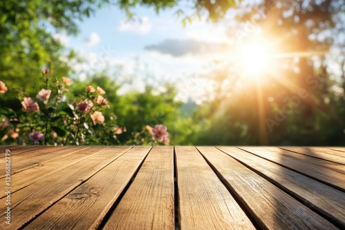 Wooden table outdoors, garden setting