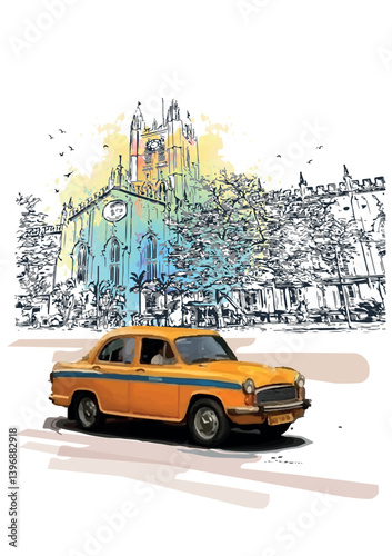 Kolkata yellow taxi. kolkata city with front view of an yellow color taxi.illustration of Taxi vector design