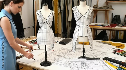 Wallpaper Mural Fashion design process from sketch to runway including designer hand-drawing, tailoring, and final garment display ideal for educational fashion content Torontodigital.ca