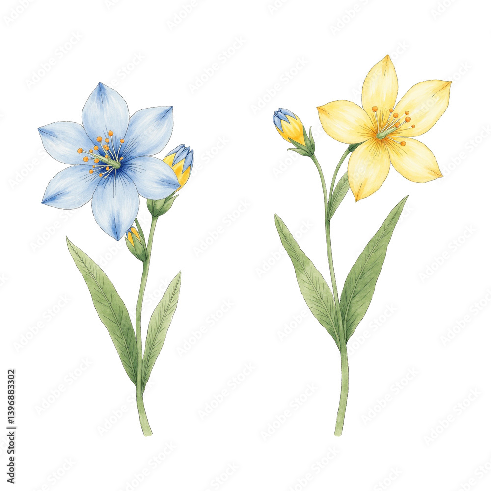 Fototapeta premium watercolor blue and yellow flowers