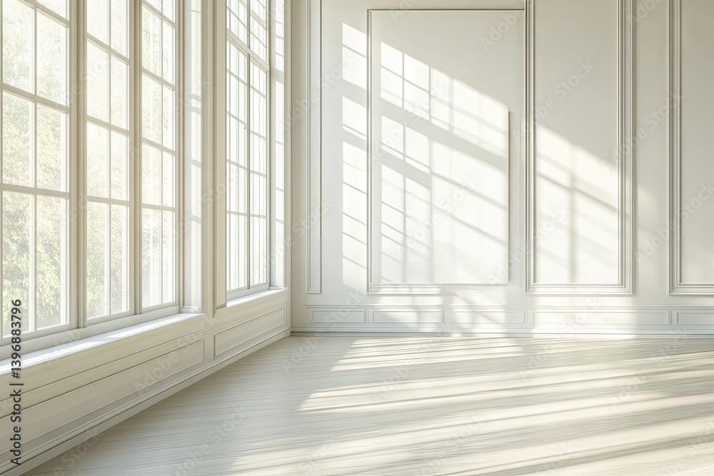 A sunlit, elegant white room with large windows.