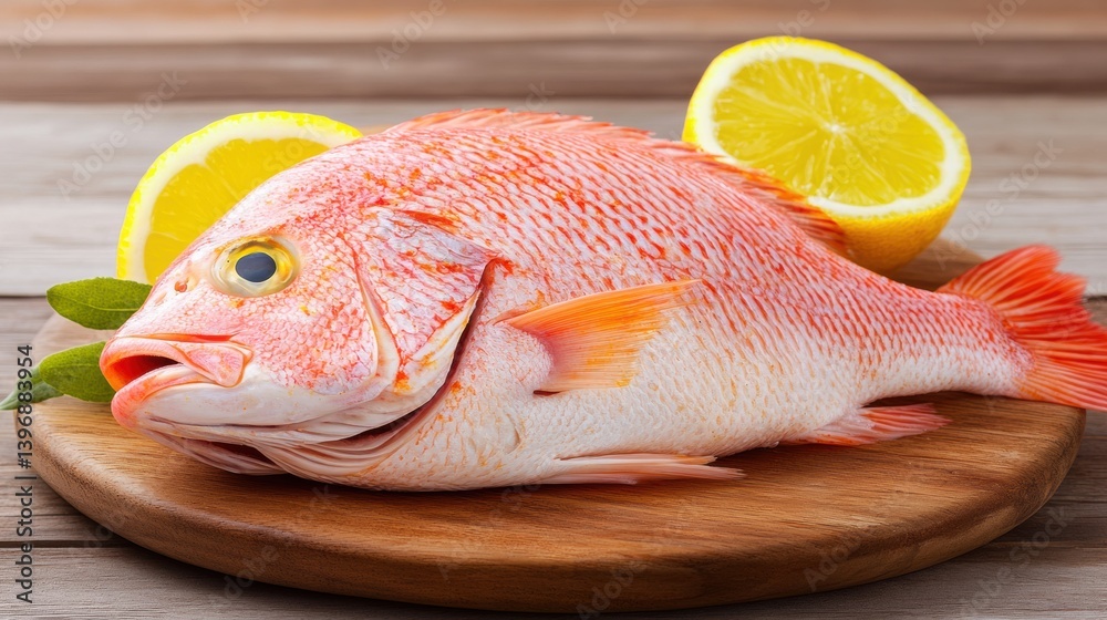 Fresh Red Snapper with Lemon on Wooden Board Fresh Red Snapper with Lemon on Wooden Board