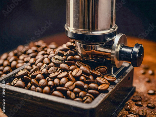 Close-up of a coffee grinder with freshly roasted coffee beans.