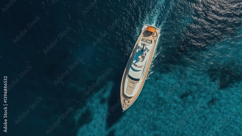Luxury Yacht Cruising on a Teal Ocean Aerial View