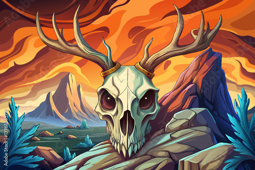 Deer skull on rocky desert under a strange colored sky, amazing banner