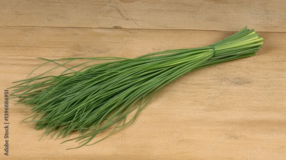 Bright Green Grass Bundle on Light Brown Wooden Surface Bright Green Grass Bundle on Light Brown Wooden Surface