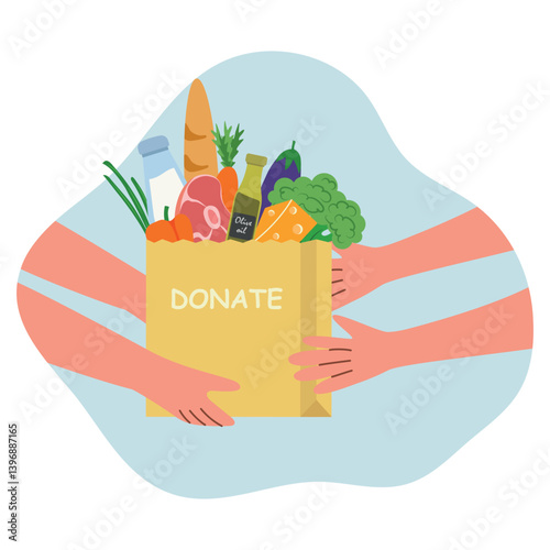 Sharing food with people. Food donation concept. Human hand holding a bag full of food.