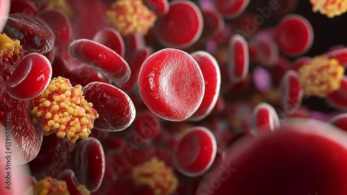 Detailed view of red blood cells and platelets in human bloodstream showcasing their interaction and structure