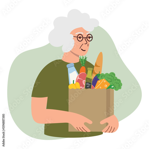 Elderly woman holding a grocery bag. Delivery service or support for the elderly