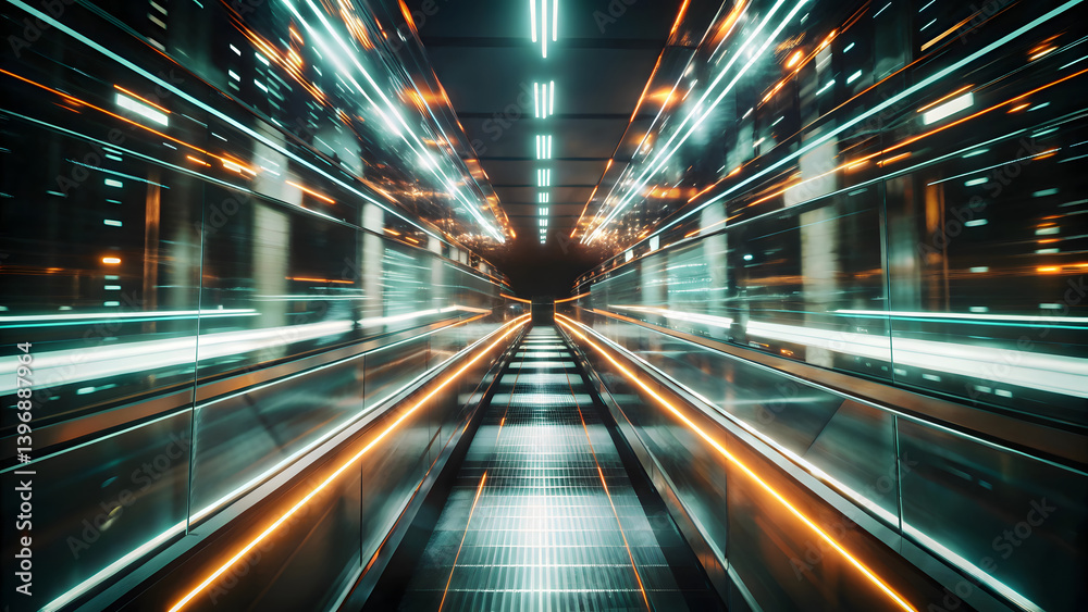 Fototapeta premium Futuristic City Tunnel with Neon Lights and Motion Blur at Night