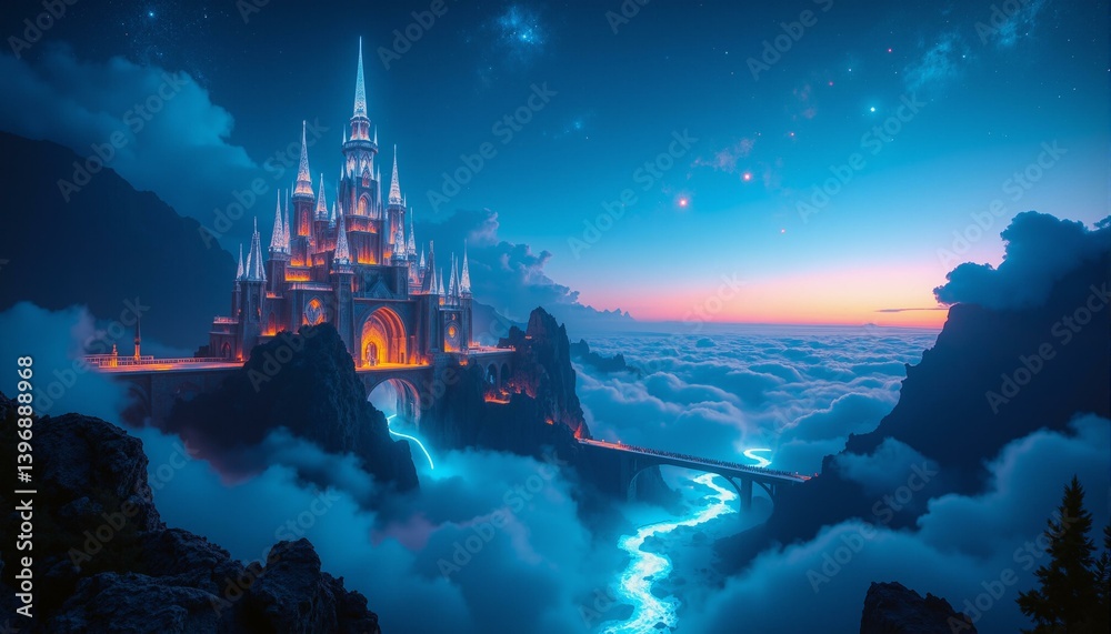 Obraz premium Shimmering, translucent membranes create a swirling, foggy effect above a futuristic city. The city features tall, crystal-like structures and elegant bridges bathed in soft twilight. A backdrop of st
