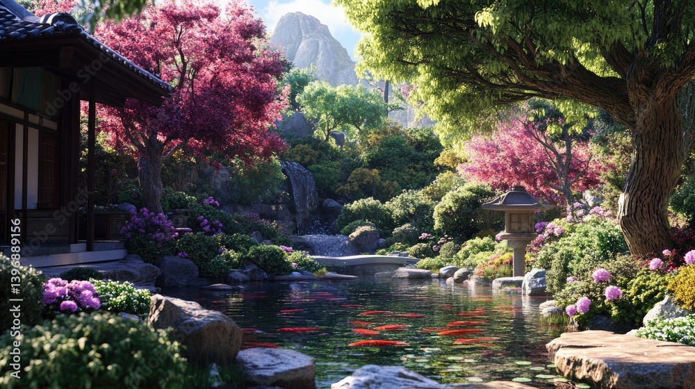 Fototapeta premium Serene Japanese Garden with Colorful Koi Fish and Lush Vegetation