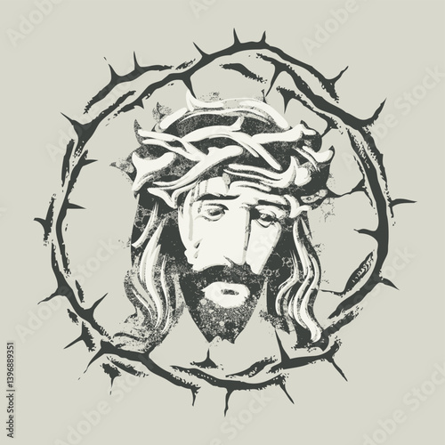 Easter banner or greeting card with portrait of crying Jesus Christ with crown of thorns. Vector illustration on religion, icon, logo, t-shirt design