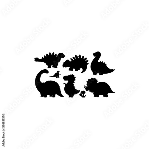 Vector illustration of dinosaur silhouette including Stegosaurus, Brontosaurus, Velociraptor, Triceratops, Tyrannosaurus rex, and Spinosaurus. 