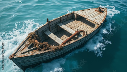 A partially submerged shipwreck rests on the ocean floor. The wooden hull is aged and weathered, displaying a silvery gray patina. Sea foam surrounds the wreck, which sits within blue water. Kelp, cor