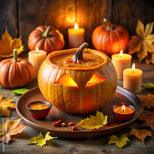 Orange pumpkin amidst autumn leaves, a spooky Halloween jack-o-lantern
