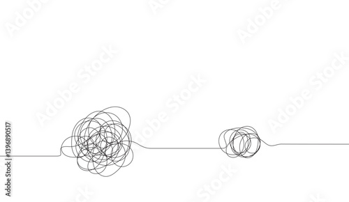 Unraveling Complexity: Minimalist White Background with Two Intertwined Black Threadballs Illustrating Problem Solving and Simplification Process, Stress Relief Concept