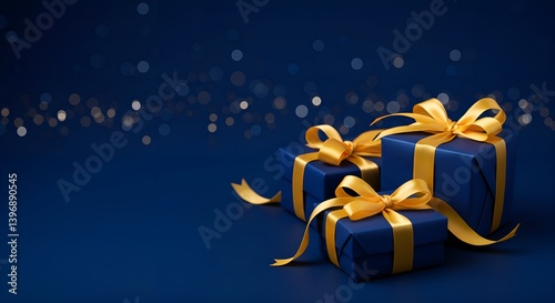 Elegant navy blue gift boxes with golden ribbons on deep blue background with stars and festive bokeh lights