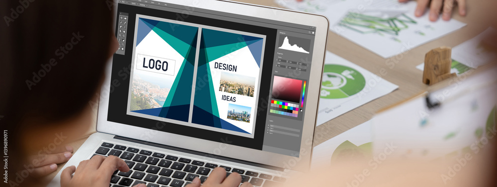 Graphic designer software for modern design of web page and commercial brisk ads showing on the computer screen Graphic designer software for modern design of web page and commercial brisk ads showing on the computer screen