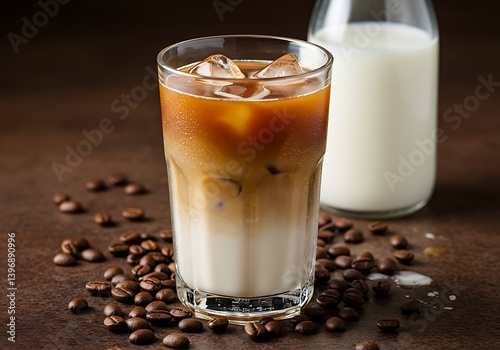 Iced Coffee Drink with Milk in Glass Surrounded by Coffee Beans