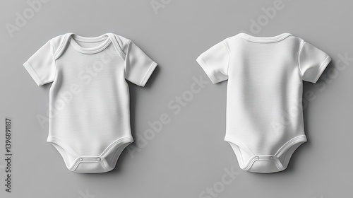 Two white baby bodysuits, front and back view, on a grey background