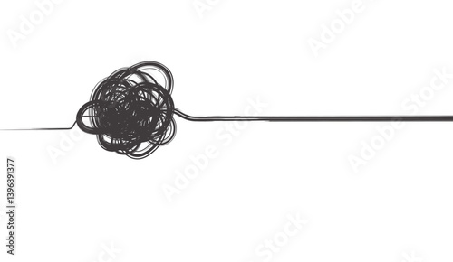 Conceptual Grey Scribble Unraveling into a Straight Line: Navigating Complexity to Simplicity with a Monochromatic Abstract on White Background Creates Visual Contrast