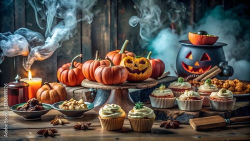 Carved orange pumpkins glow with scary smiles as jack-o-lanterns, a symbol of Halloween's autumn harvest