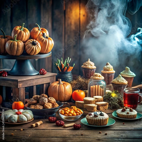 Spooky orange pumpkin cupcakes and cake celebrate the autumnal Halloween harvest