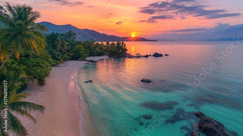 Golden hues fill the sky as the sun sets behind lush mountains, illuminating the calm shoreline adorned with swaying palm trees. Waves gently lap at the soft sand