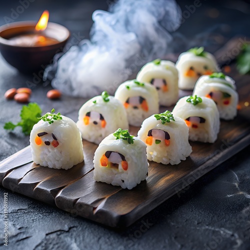 Fresh salmon sushi rolls and maki on a white plate, a delicious Japanese seafood appetizer